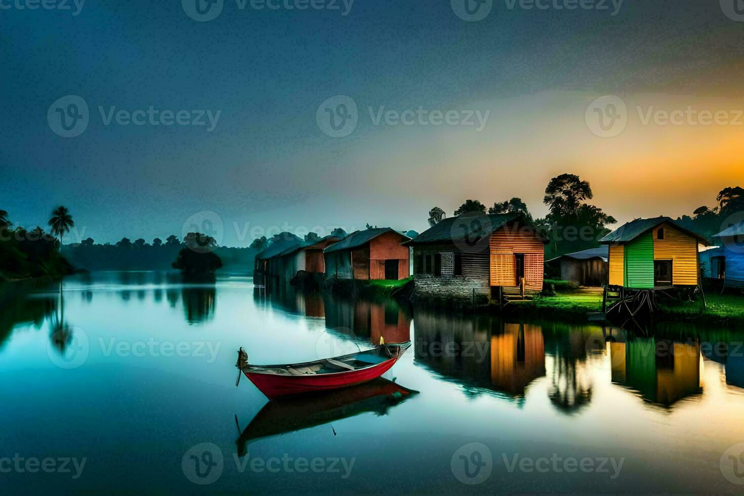 a boat sits on the water in front of a row of houses. AI-Generated photo