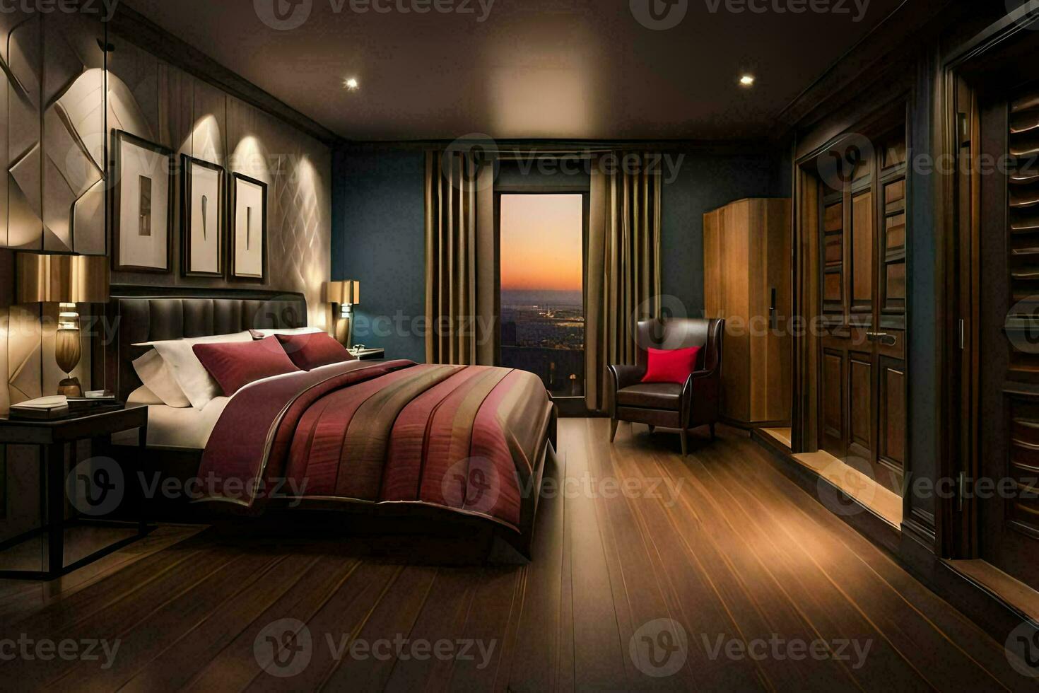 a bedroom with a view of the city at sunset. AI-Generated photo