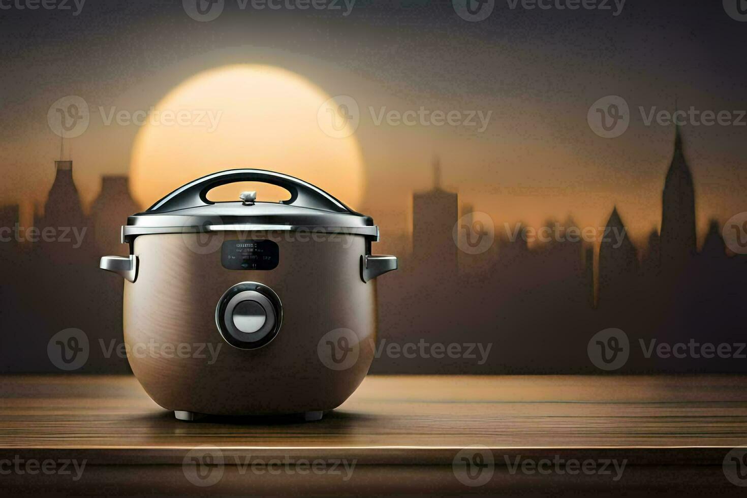 a brown rice cooker on a table in front of a cityscape. AI-Generated photo