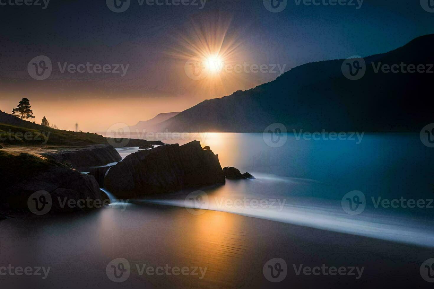 the sun shines over a body of water and rocks. AI-Generated photo