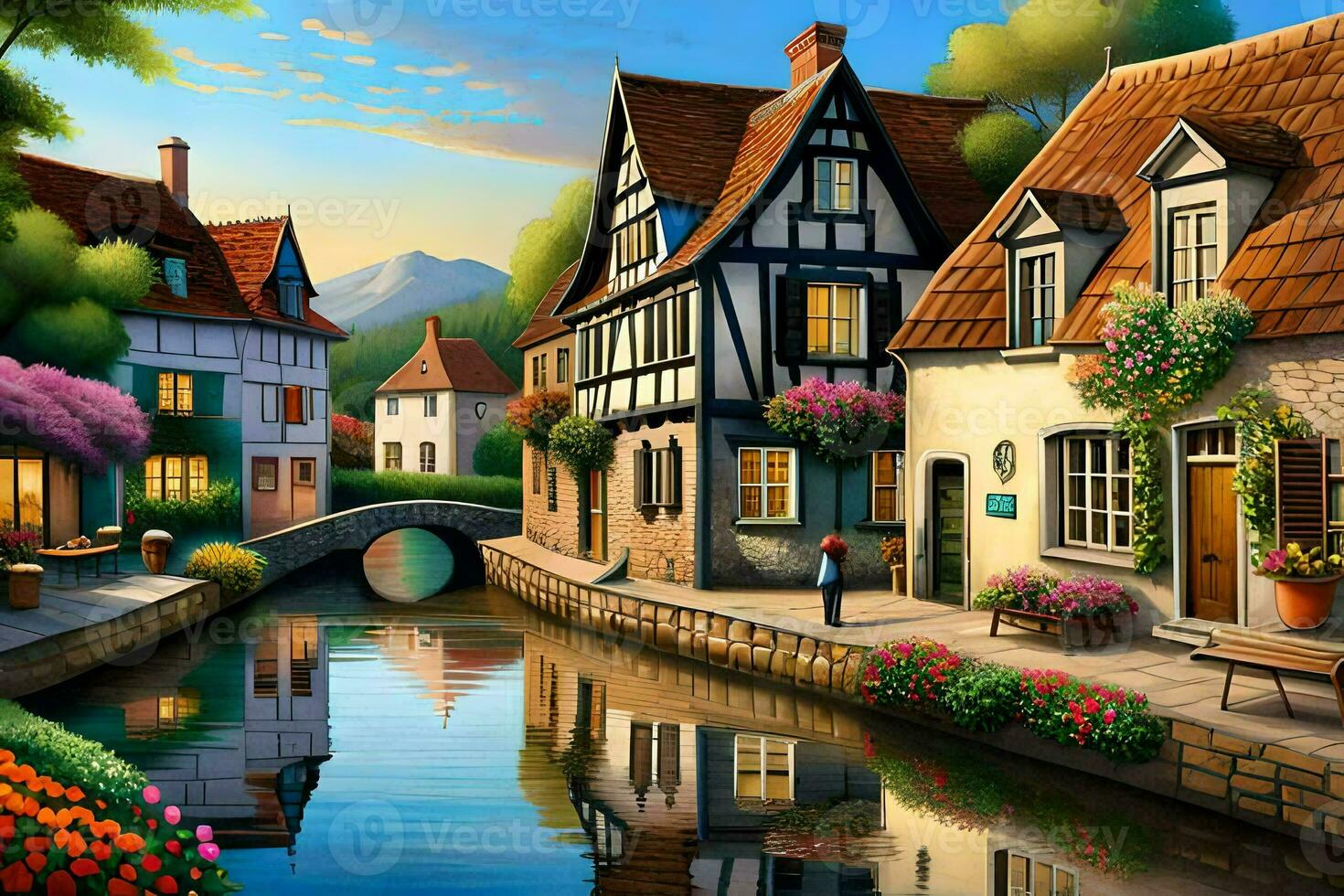 a painting of a small town with houses and a river. AI-Generated photo