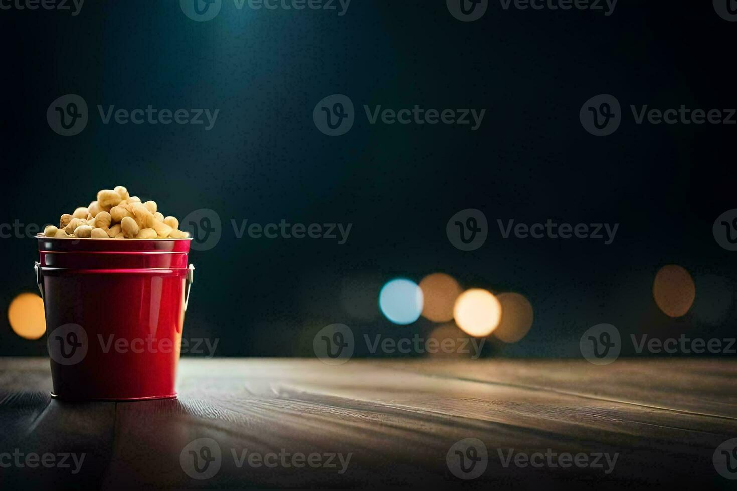 popcorn in a red bucket on a wooden table. AI-Generated photo