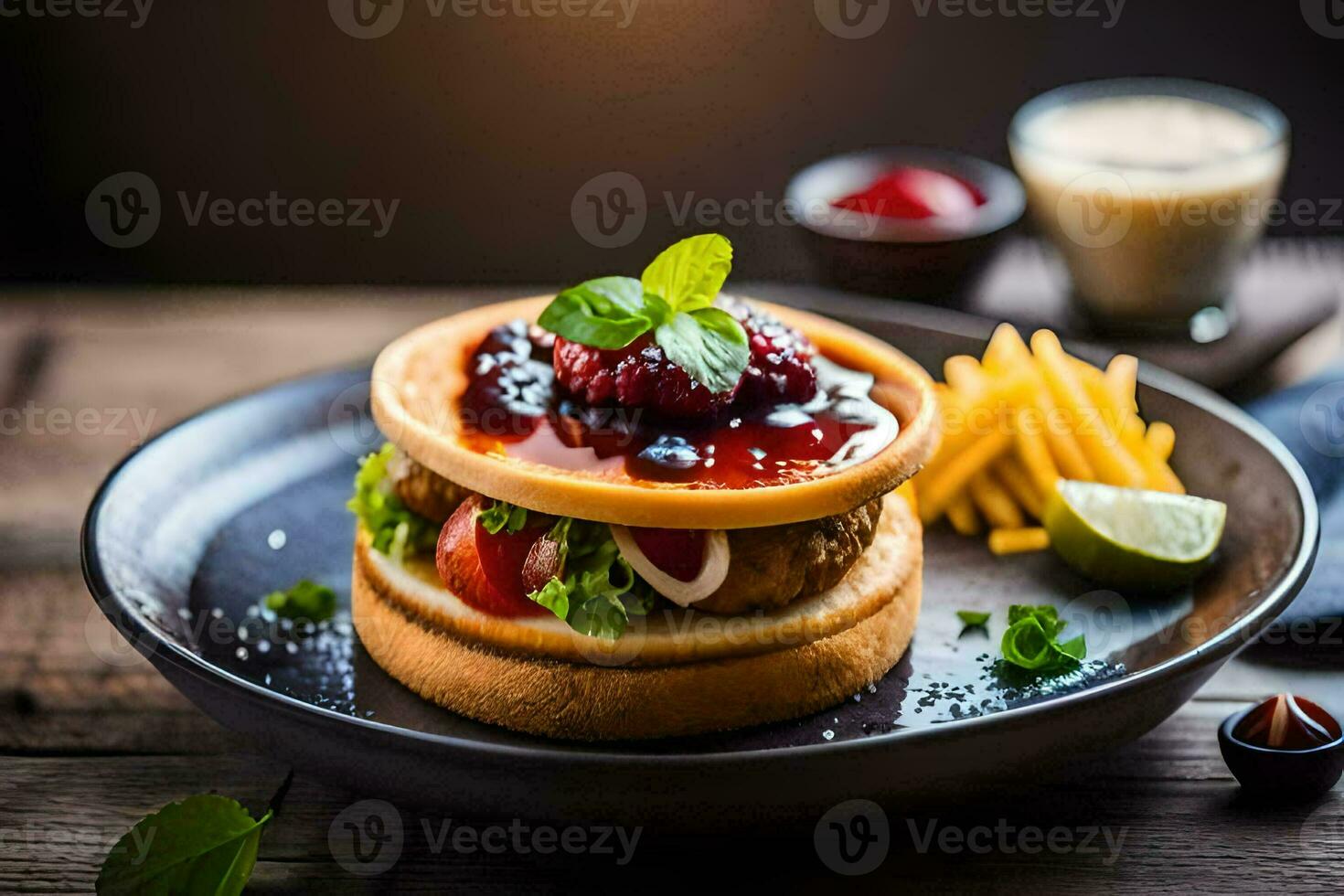 a hamburger with a berry sauce on top. AI-Generated photo