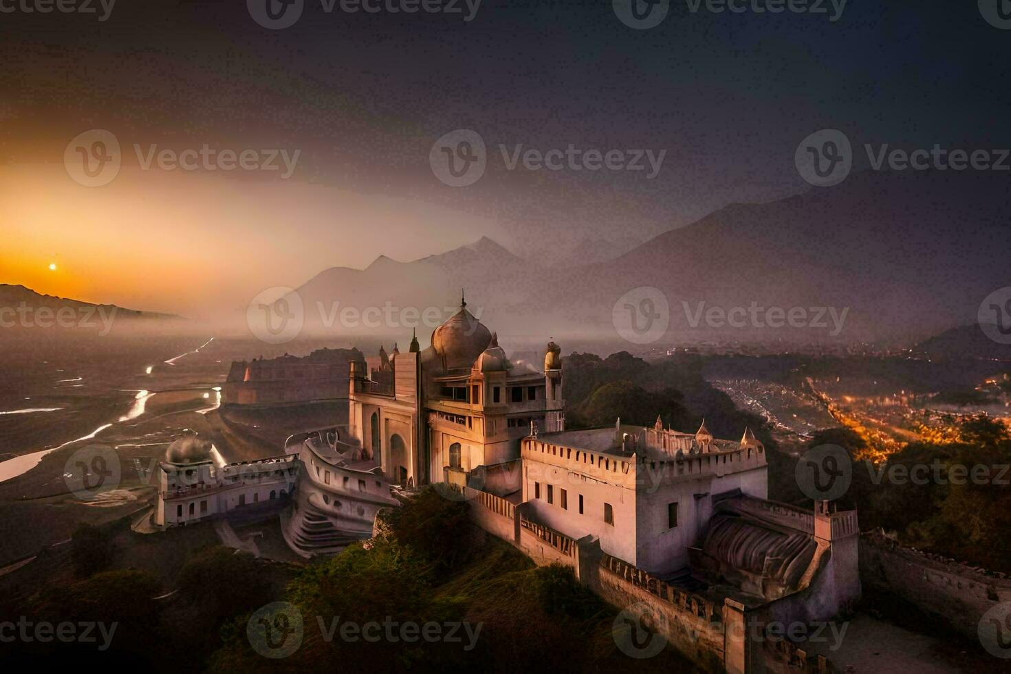 the sun sets over a palace in india. AI-Generated photo