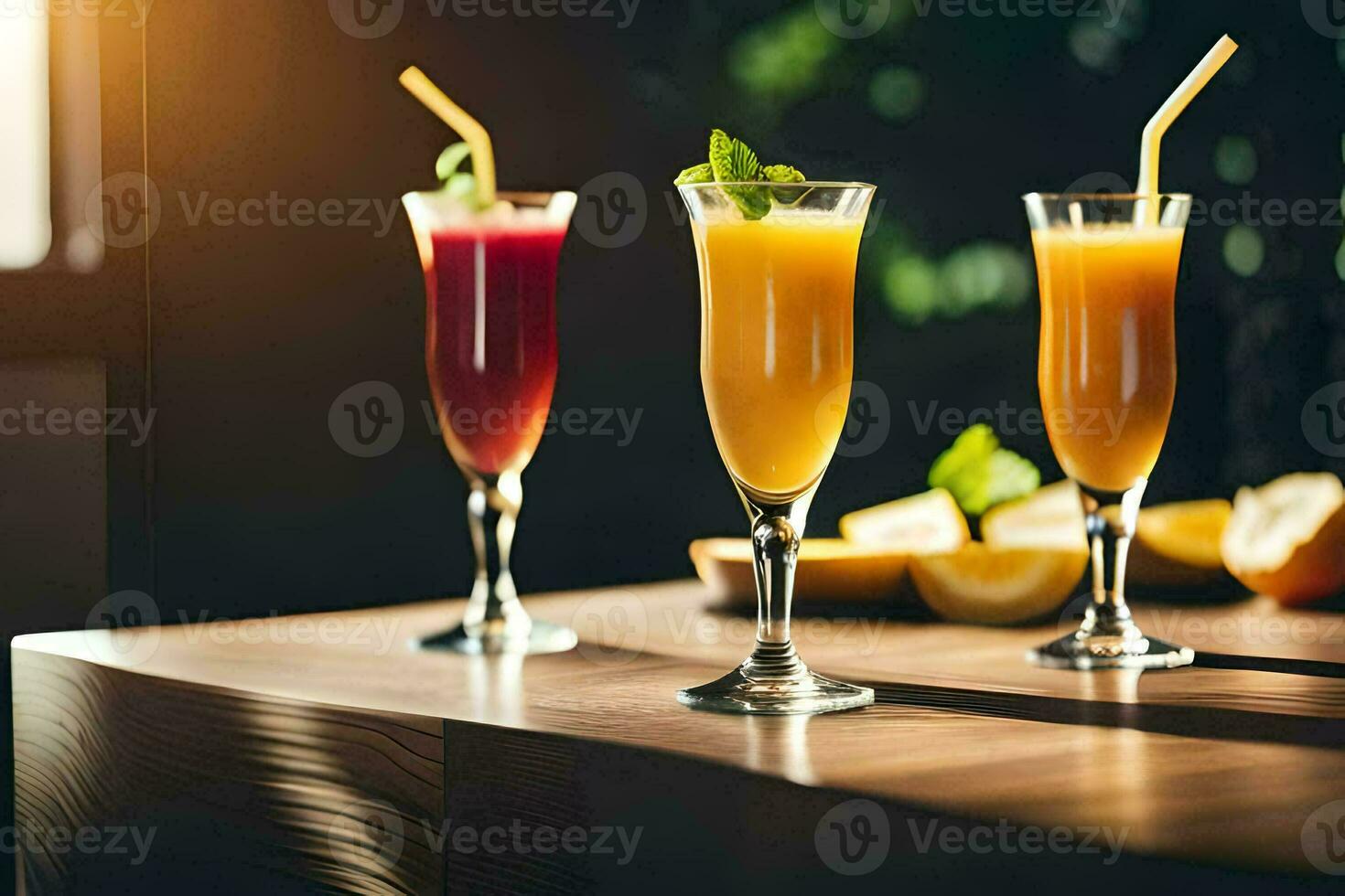three glasses of orange juice on a table. AI-Generated photo