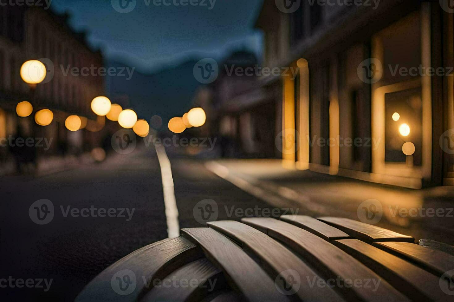 un banco se sienta en el medio de un ciudad calle a noche. generado por ai foto