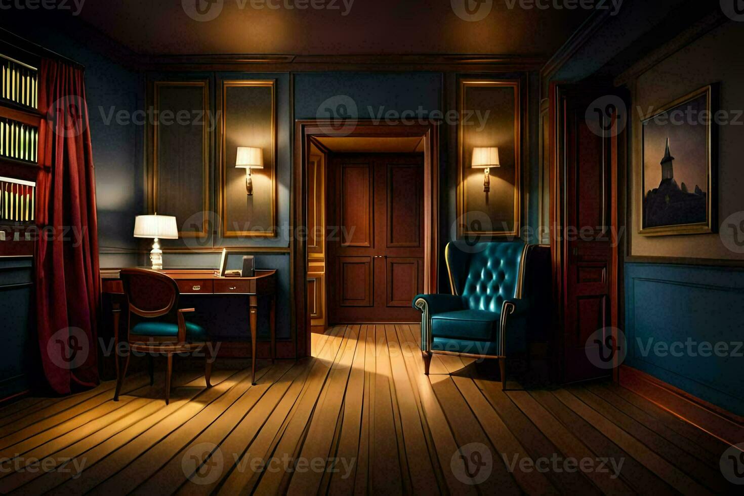 a dark room with a blue chair and desk. AI-Generated photo