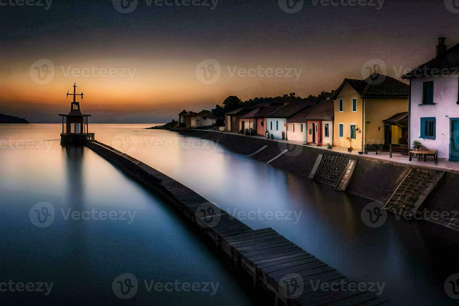 a long exposure photograph of a dock and houses at sunset. AI-Generated photo