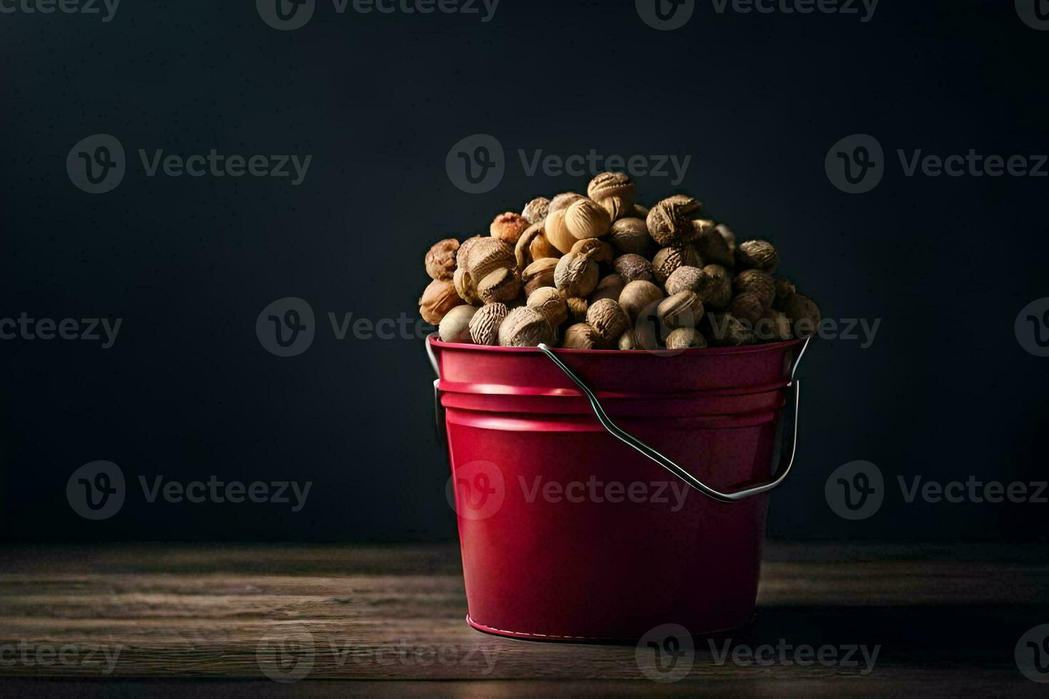 a bucket full of peanuts on a dark table. AI-Generated photo