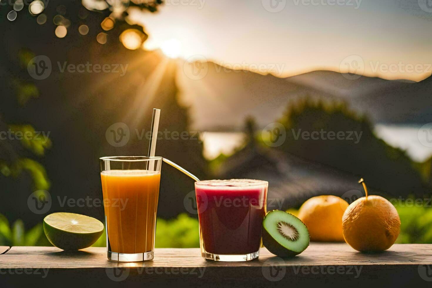 dos lentes de jugo con Fruta en un mesa. generado por ai foto