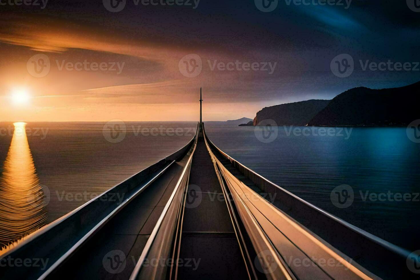 a long bridge with a train going over it. AI-Generated photo