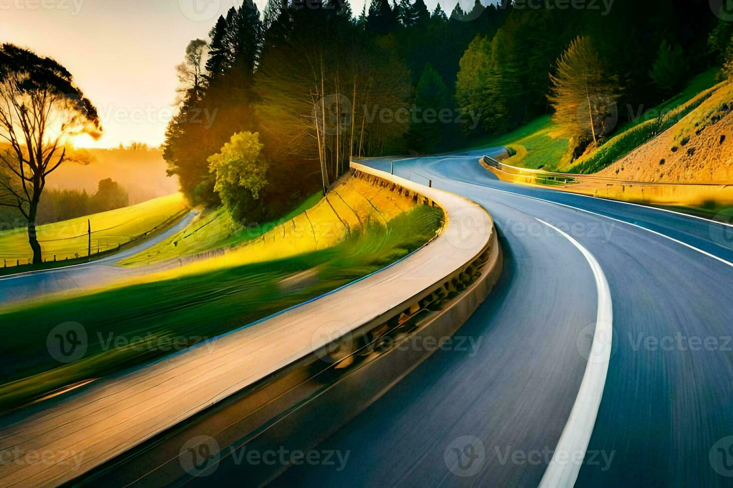 a winding road with trees and grass. AI-Generated photo