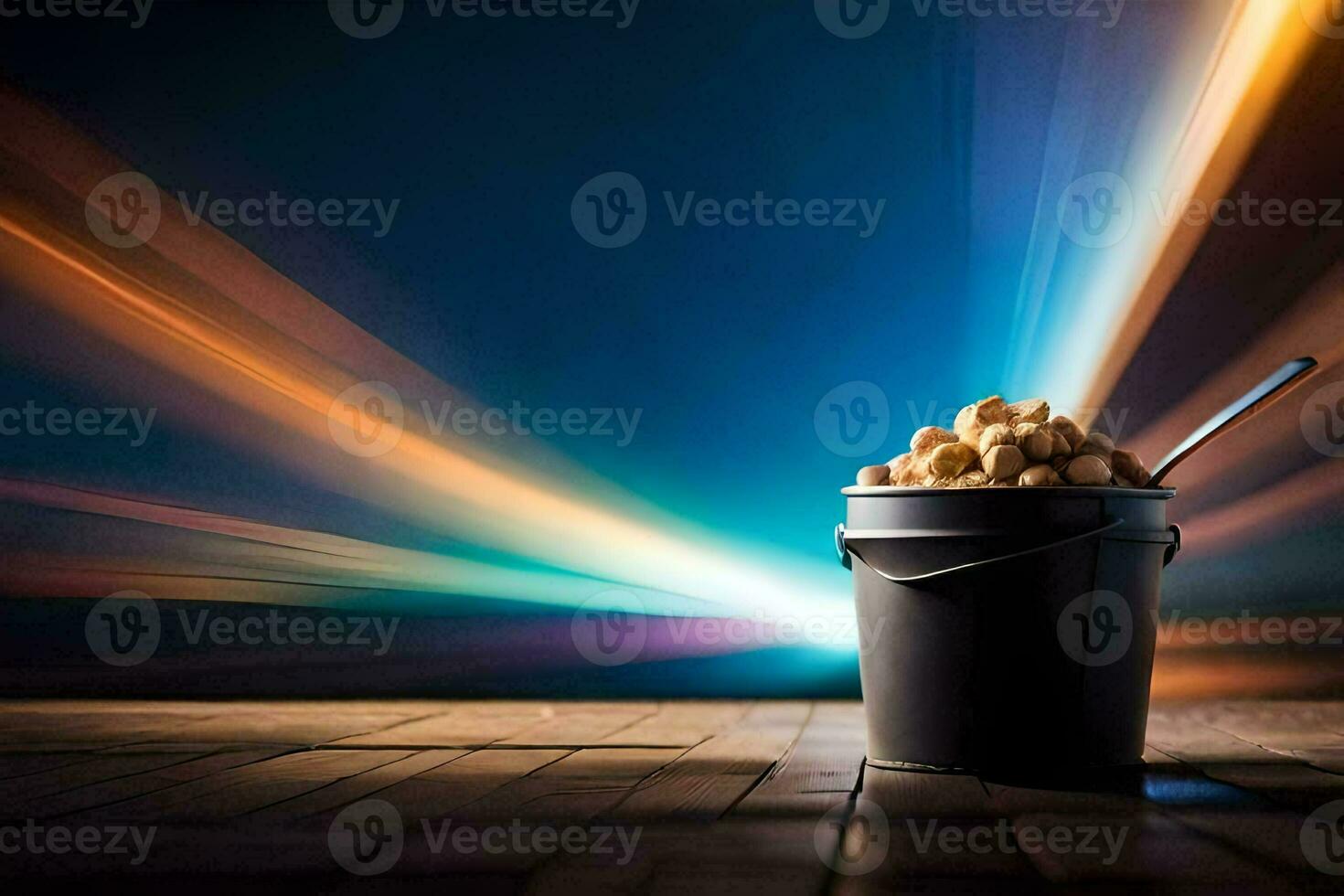 a bucket of peanuts sitting on a table with a light beam. AI-Generated photo