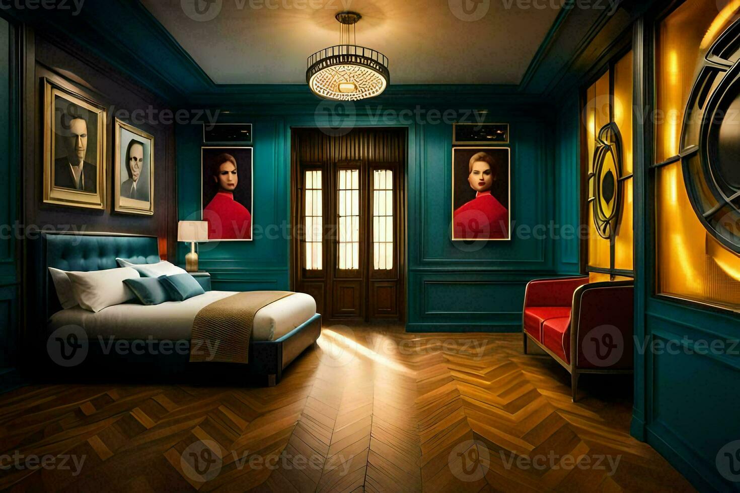 a bedroom with blue walls and wood floors. AI-Generated photo