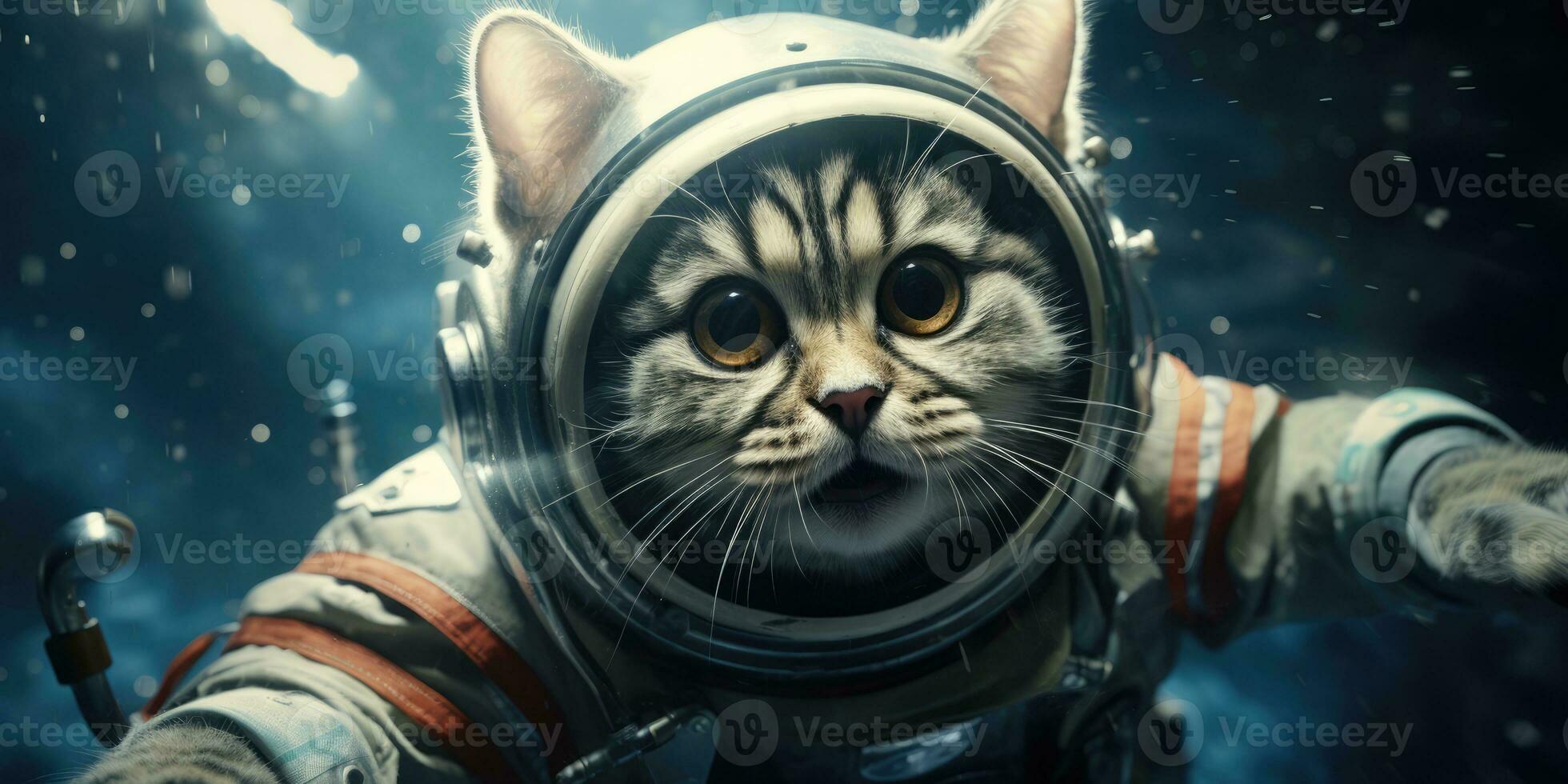 a cute cat in an astronaut suit is flying in the moon, AI Generative photo