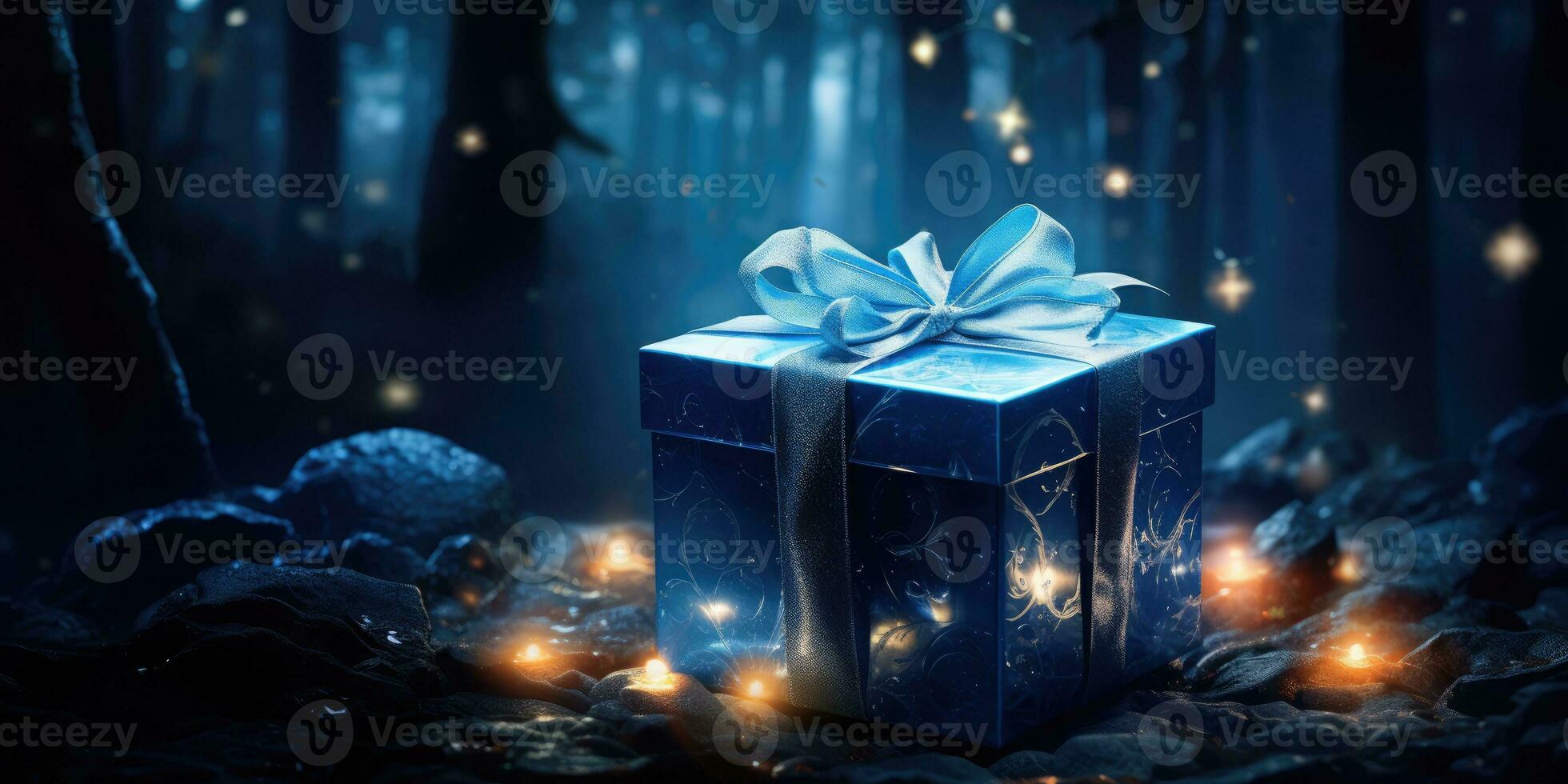 Magic light shines from open blue gift box, AI Generative photo