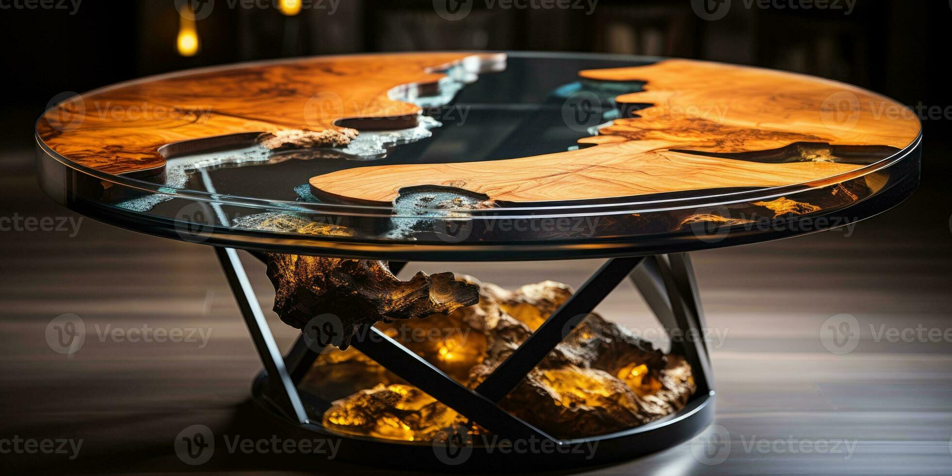 Luxury desk with epoxy resin and varnish Round tree slab with black epoxy river Wooden background hi, AI Generative photo