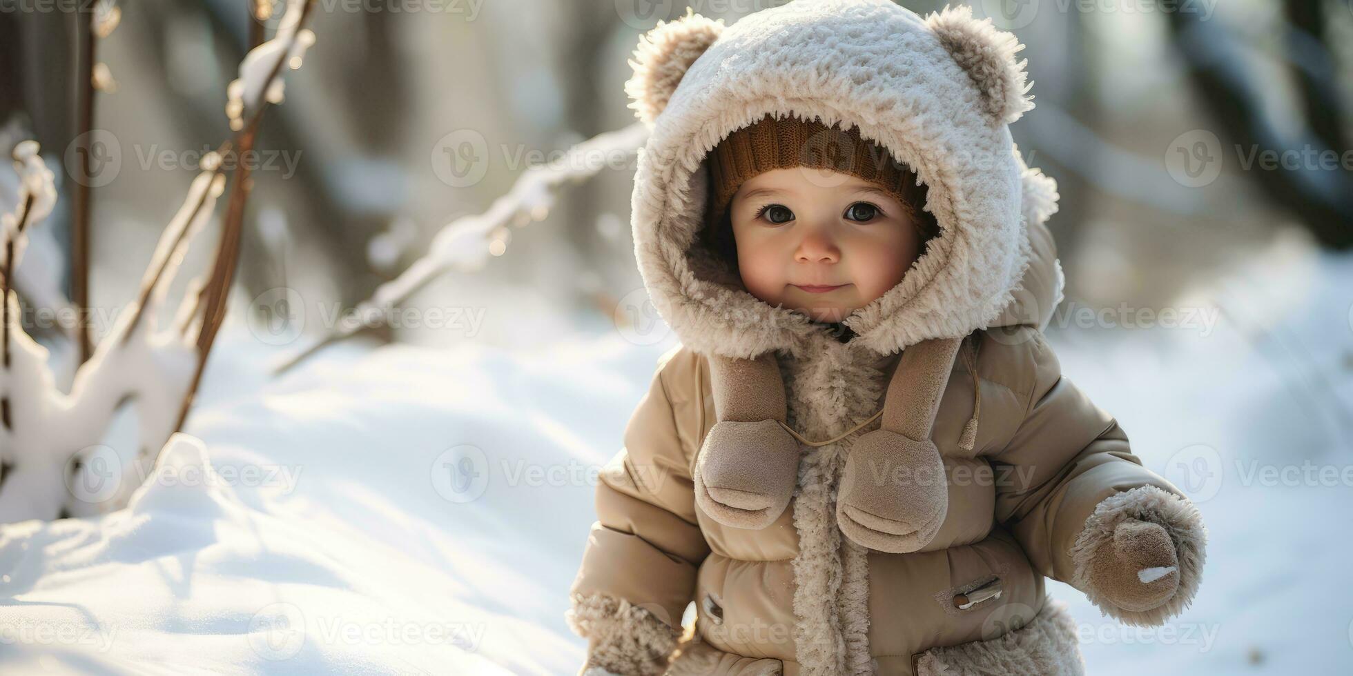 A chubby baby girl walking in the snow, AI Generative photo