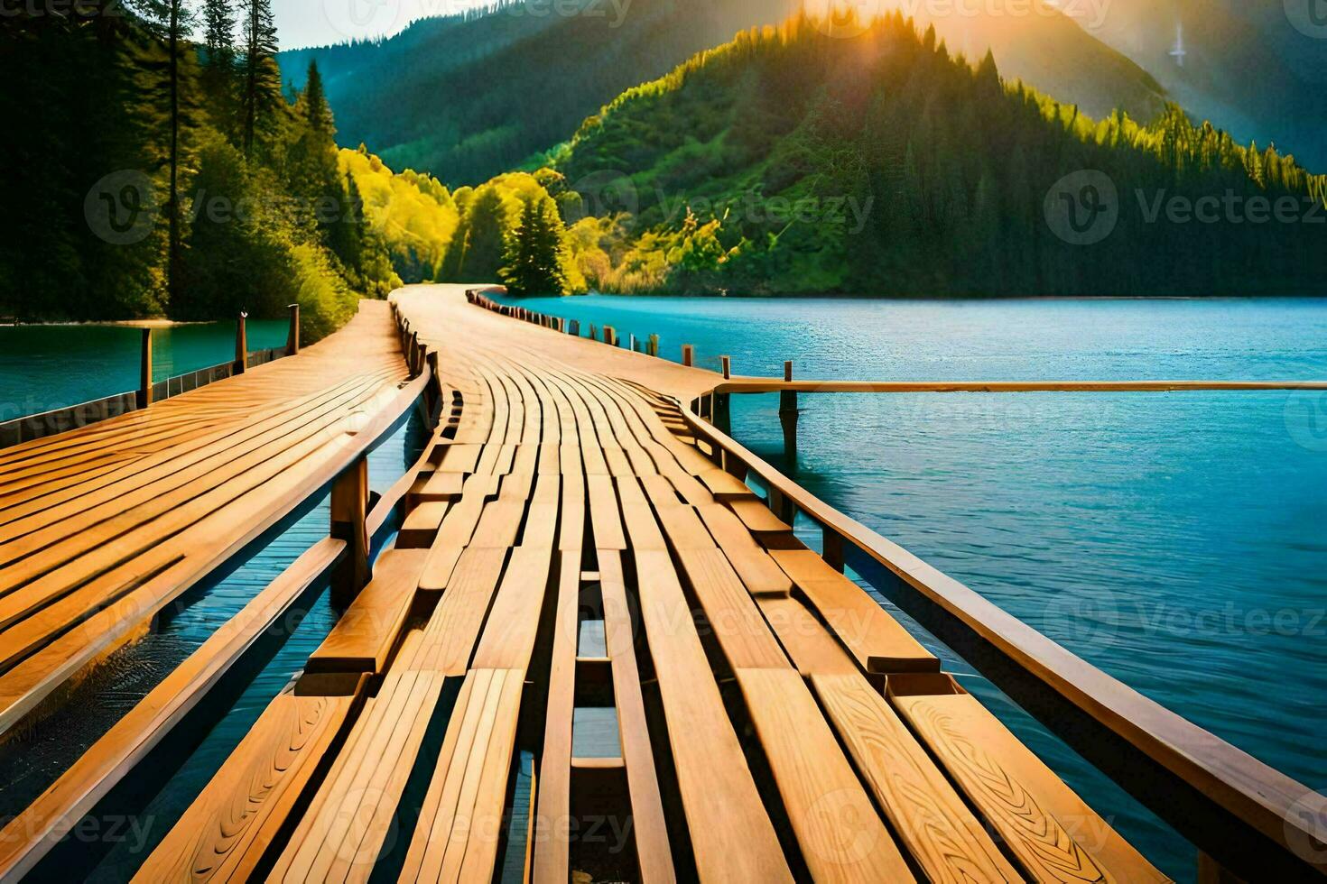 a wooden bridge over a lake in the mountains. AI-Generated photo
