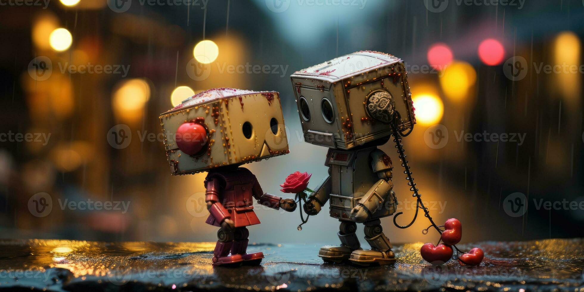 Robots in love in cyberspace city in a rain Generative AI photo