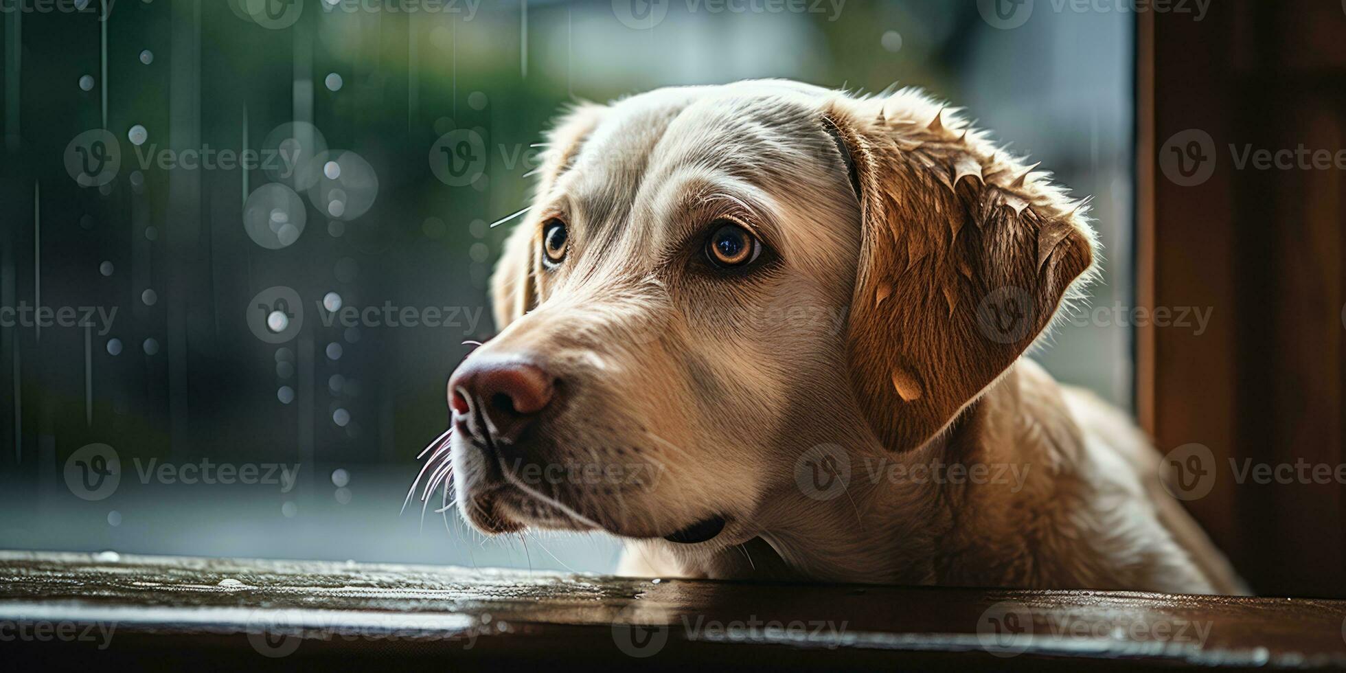 Lonely white labrador retriever waits sadly at home peering through rain drenched window, AI Generative photo