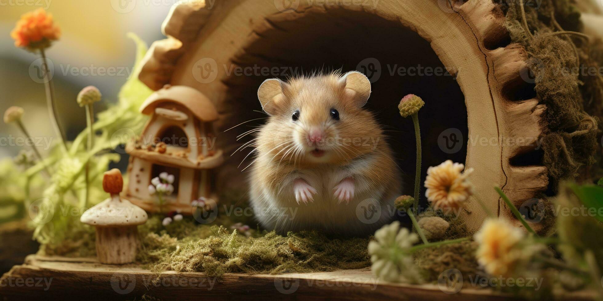 A cute hamster in miniature wood house, AI Generative photo