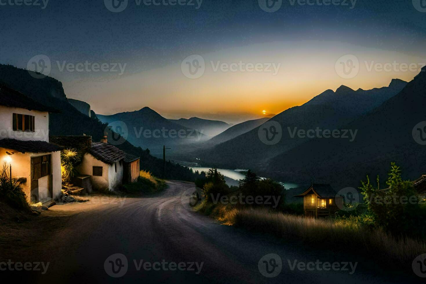 photo wallpaper the sky, mountains, road, houses, the sun, the mountains, the road. AI-Generated