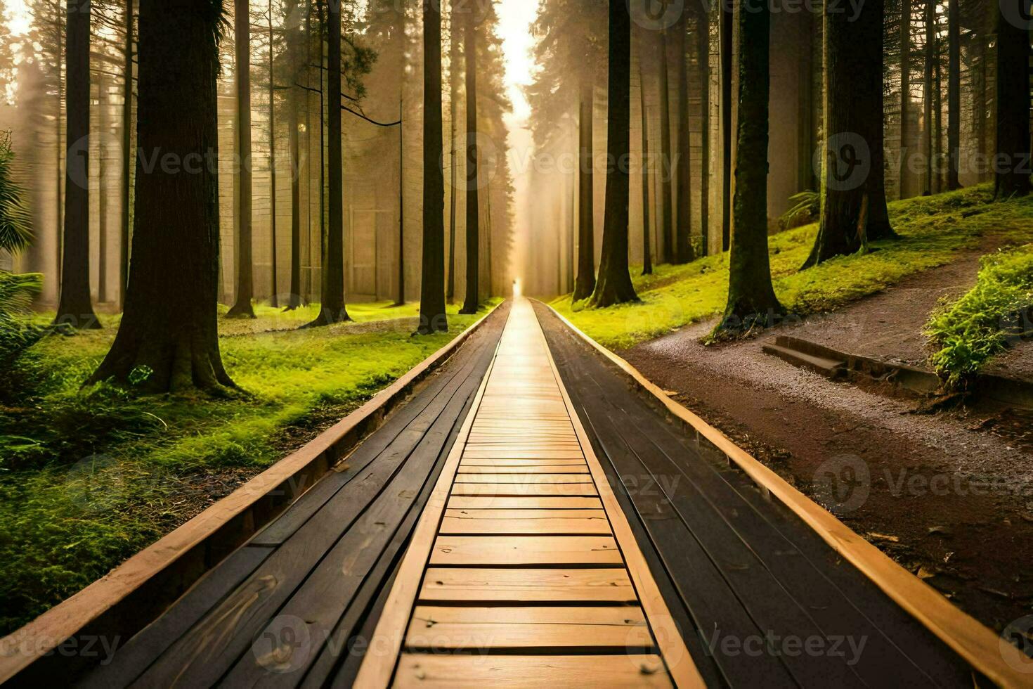 a wooden path in the middle of a forest. AI-Generated photo