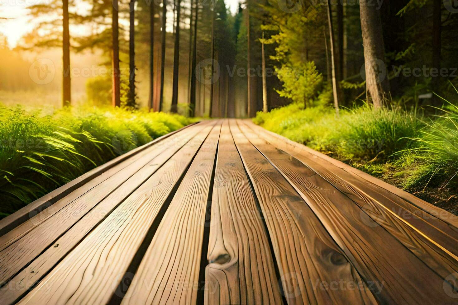 wooden path in the forest at sunrise. AI-Generated photo