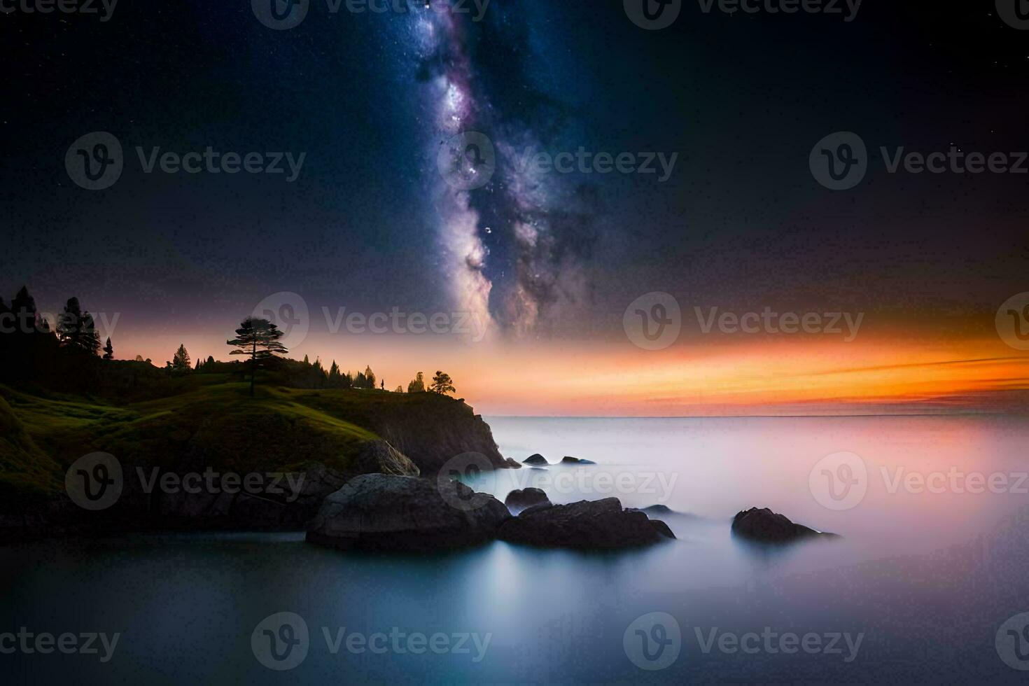 the milky over the ocean and rocks. AI-Generated photo