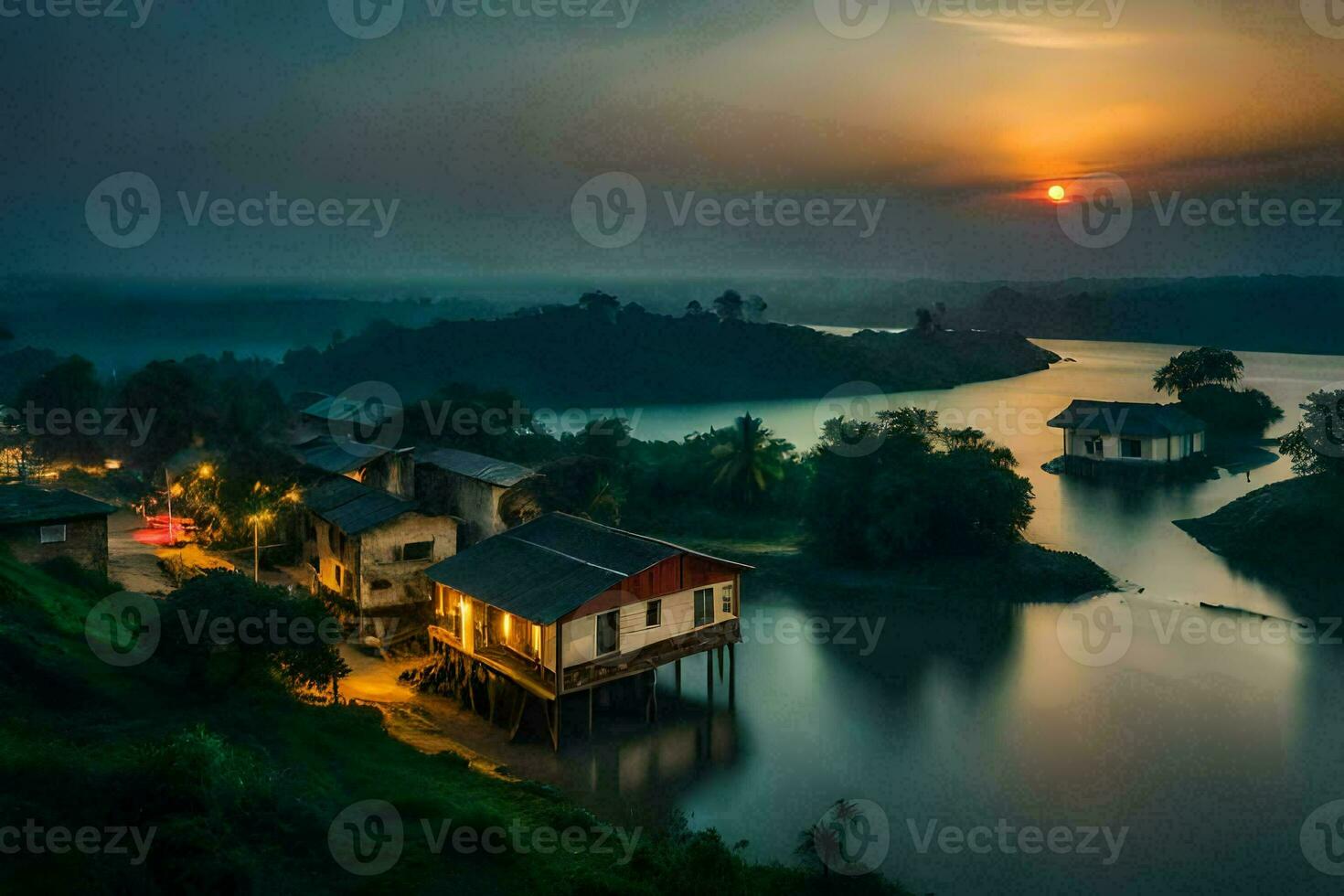 a beautiful sunset over a small village on the edge of a lake. AI-Generated photo