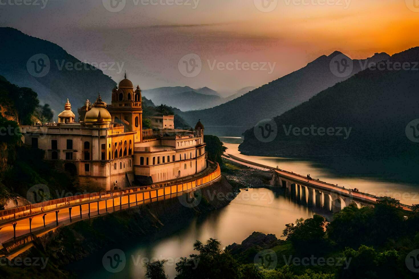 photo wallpaper the sky, mountains, bridge, sunset, the city, india, the city. AI-Generated