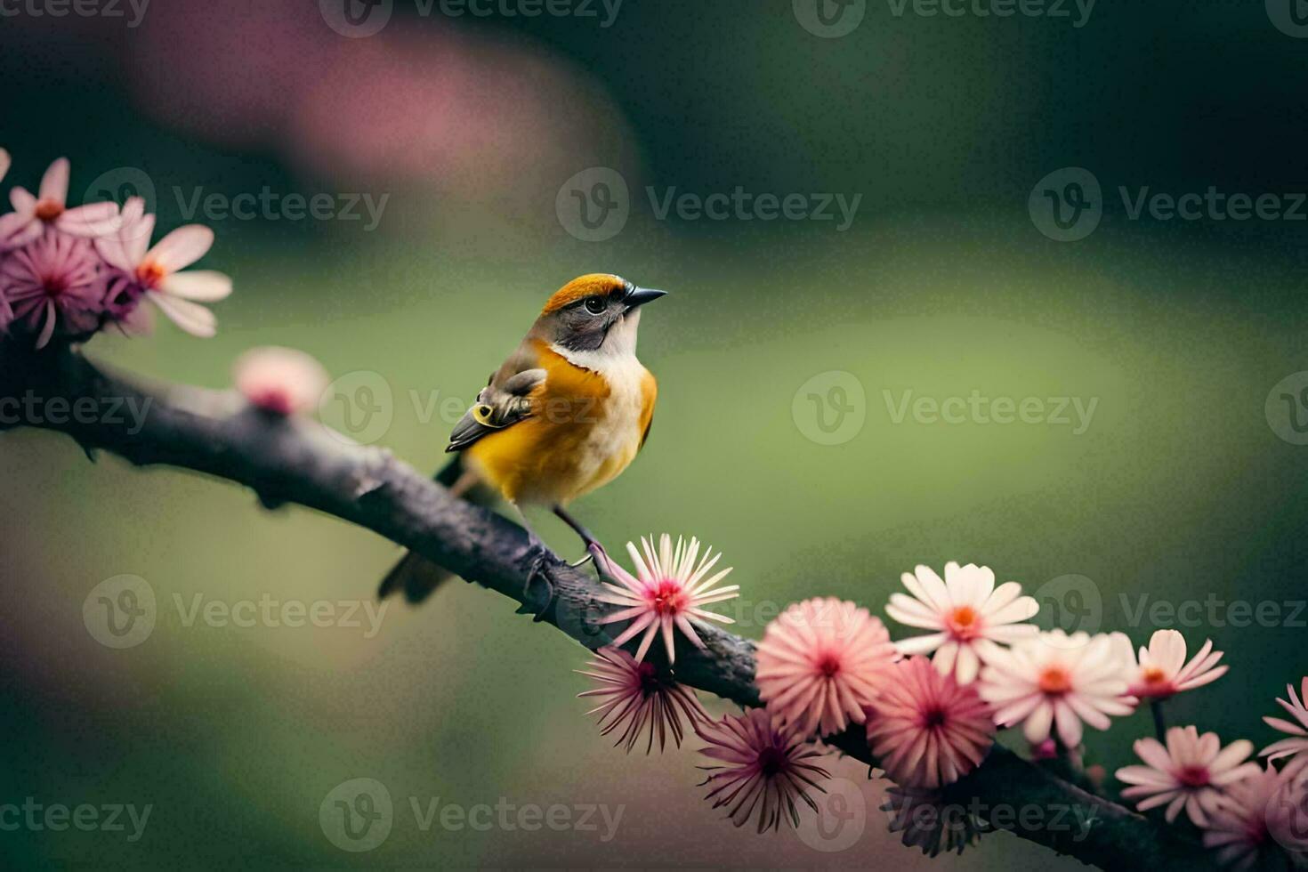 a bird sits on a branch with pink flowers. AI-Generated photo