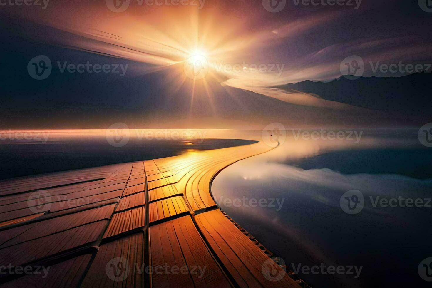 the sun is shining over a lake and a wooden boardwalk. AI-Generated photo