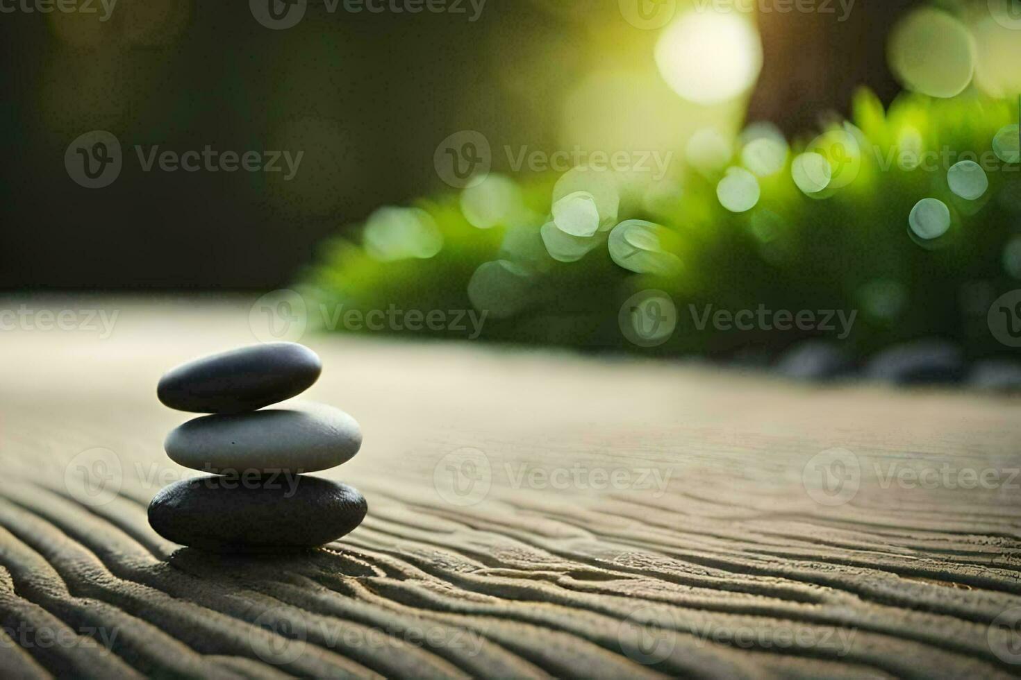 a stack of stones on a wooden surface. AI-Generated photo