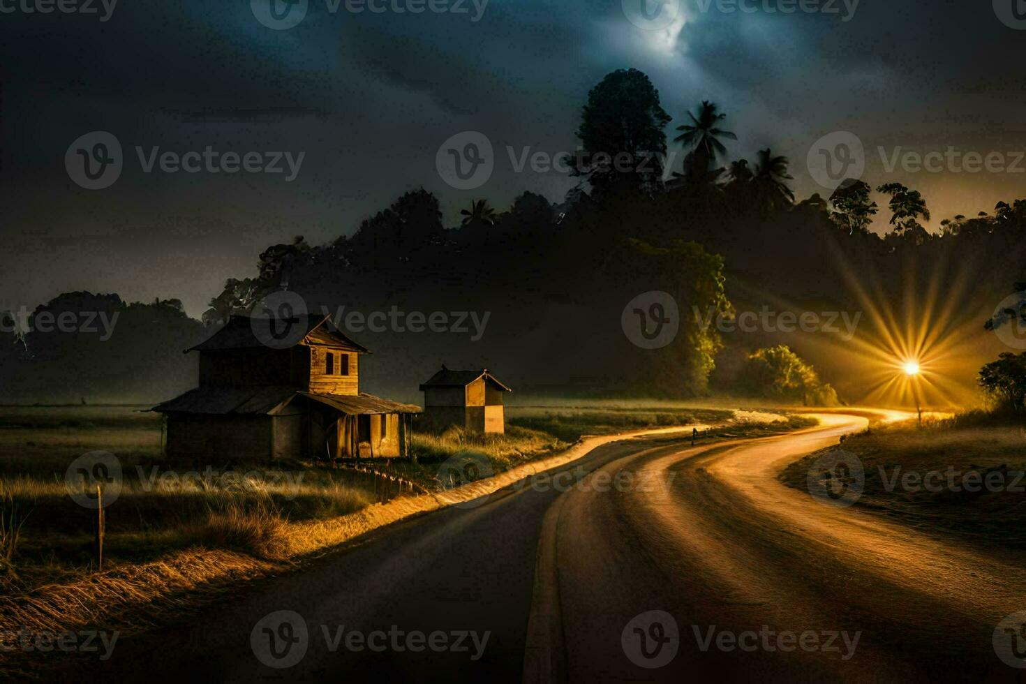 a road in the middle of a field with a house on the left and a sun shining through. AI-Generated photo