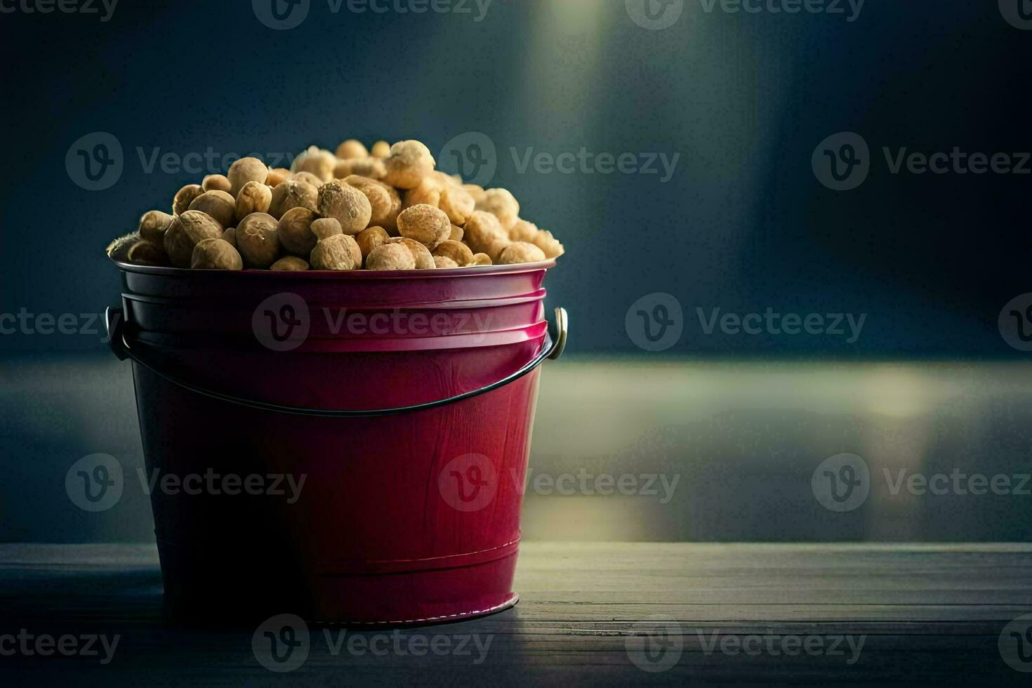 a bucket filled with peanuts on a table. AI-Generated photo