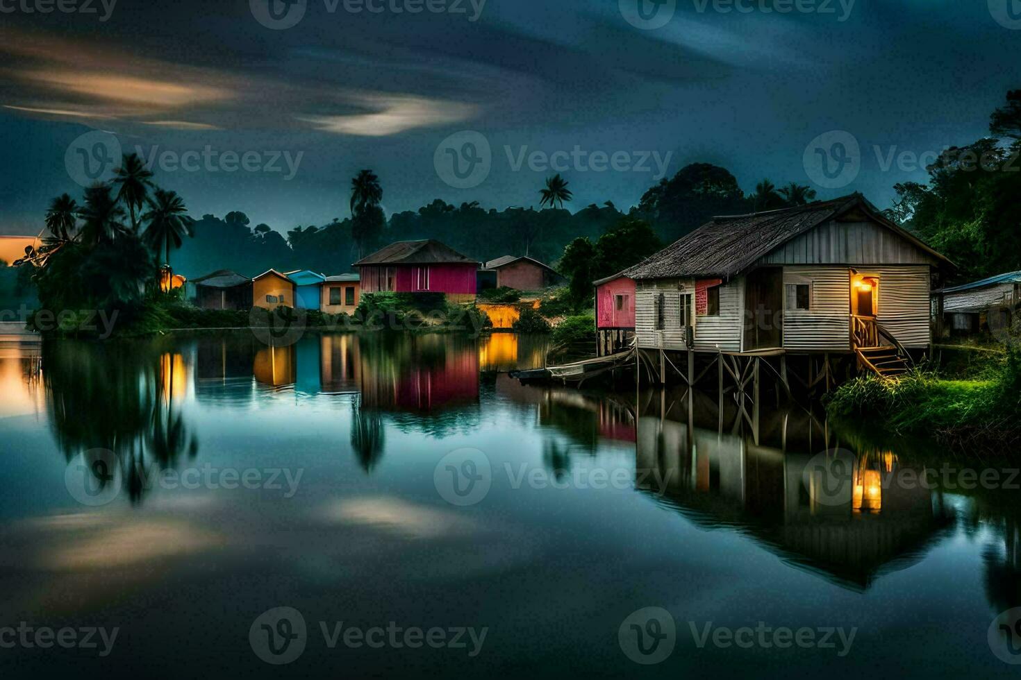a small village on the water with houses and trees. AI-Generated photo