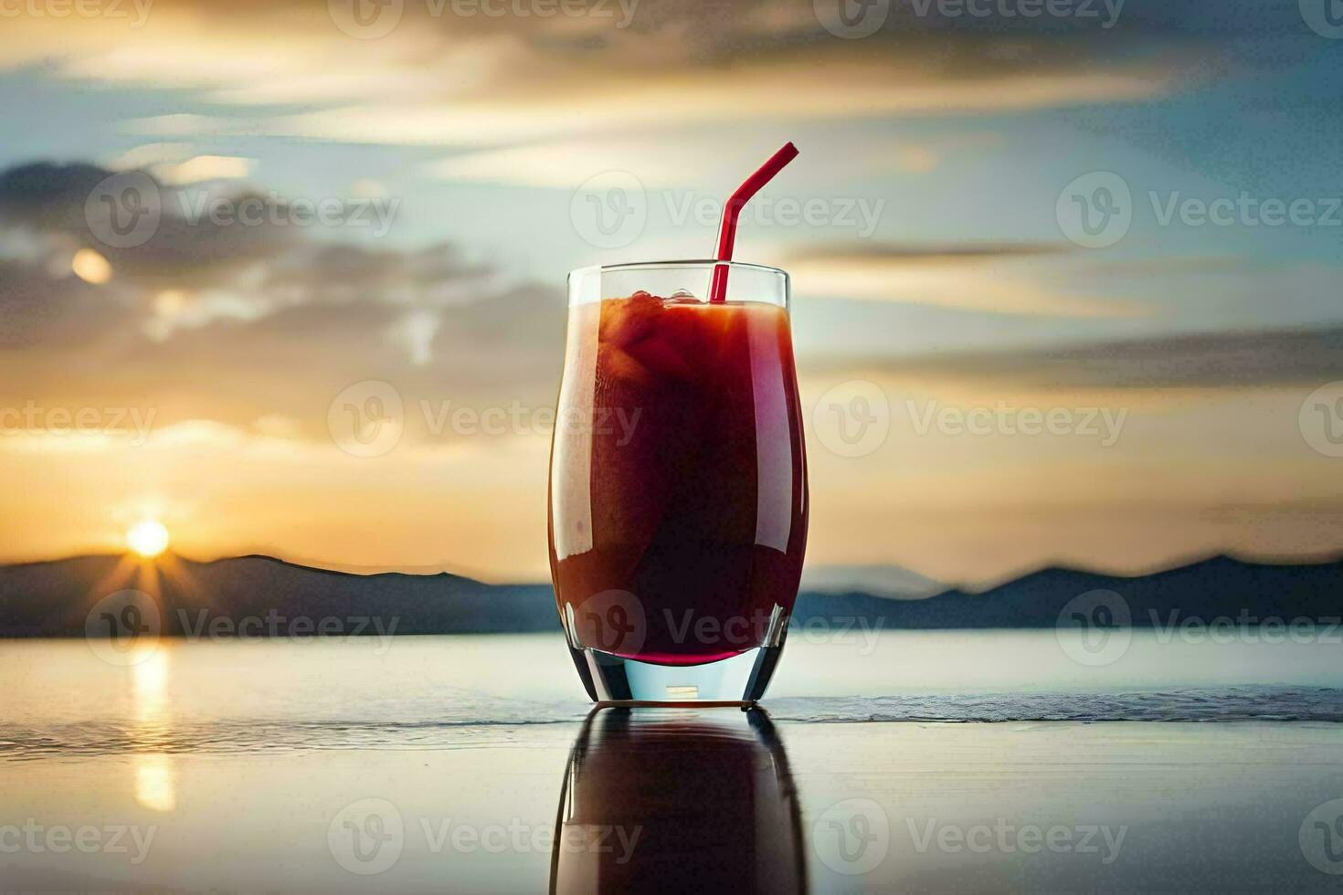 a glass of red juice on the beach at sunset. AI-Generated photo