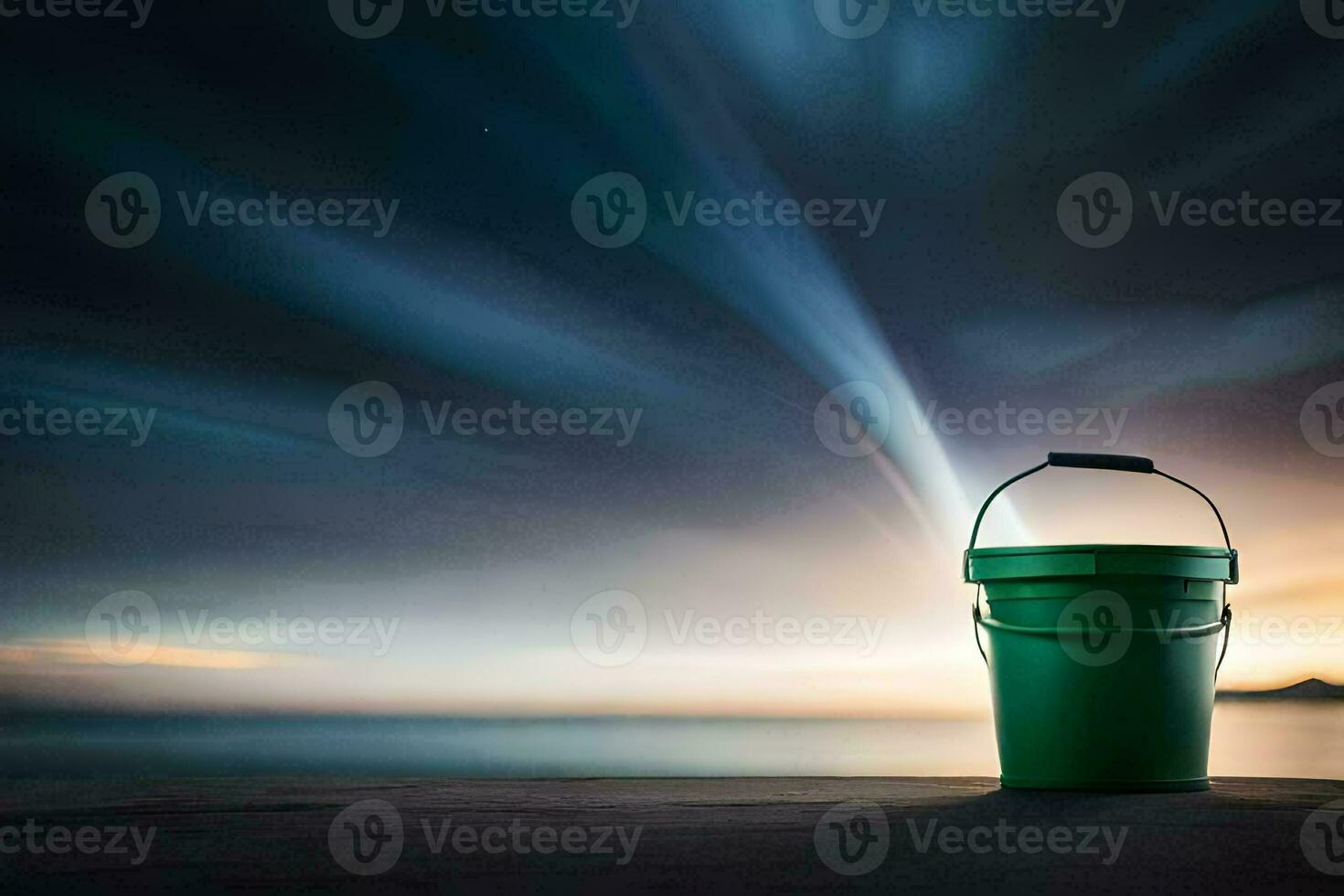 a green bucket sitting on a wooden table with a dark sky behind it. AI-Generated photo