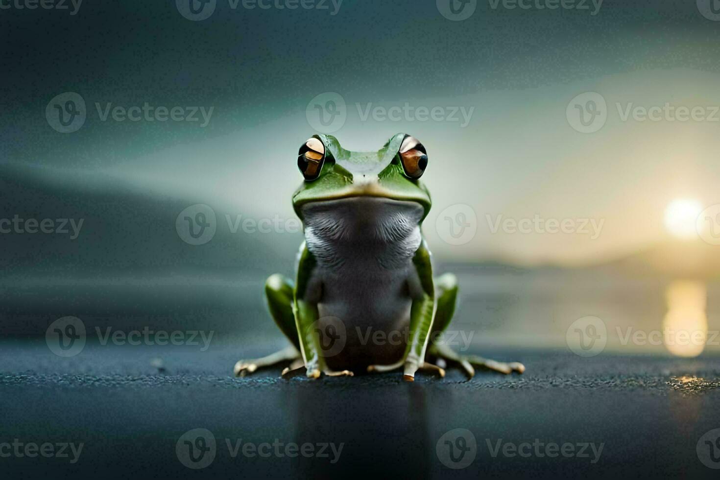 a frog sitting on the ground with the sun in the background. AI-Generated photo