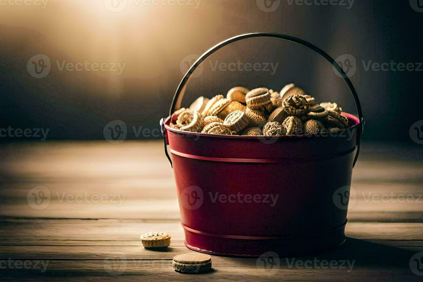 a bucket filled with cookies on a wooden table. AI-Generated photo