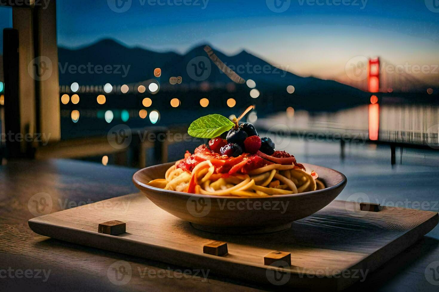 a bowl of pasta with a view of the golden gate bridge. AI-Generated photo