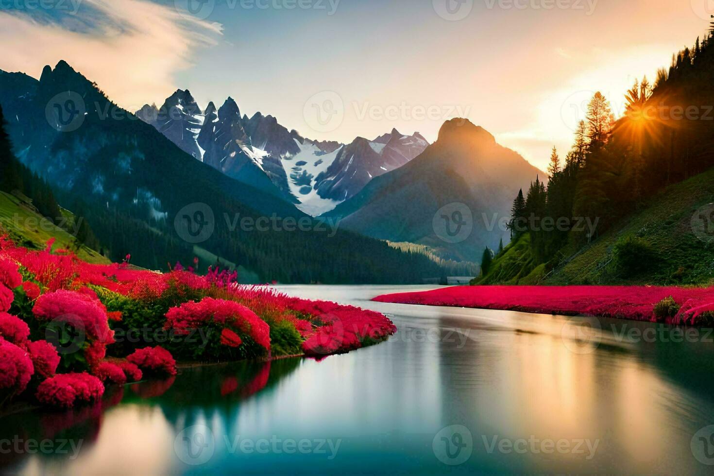 the sun rises over a mountain range with pink flowers. AI-Generated photo