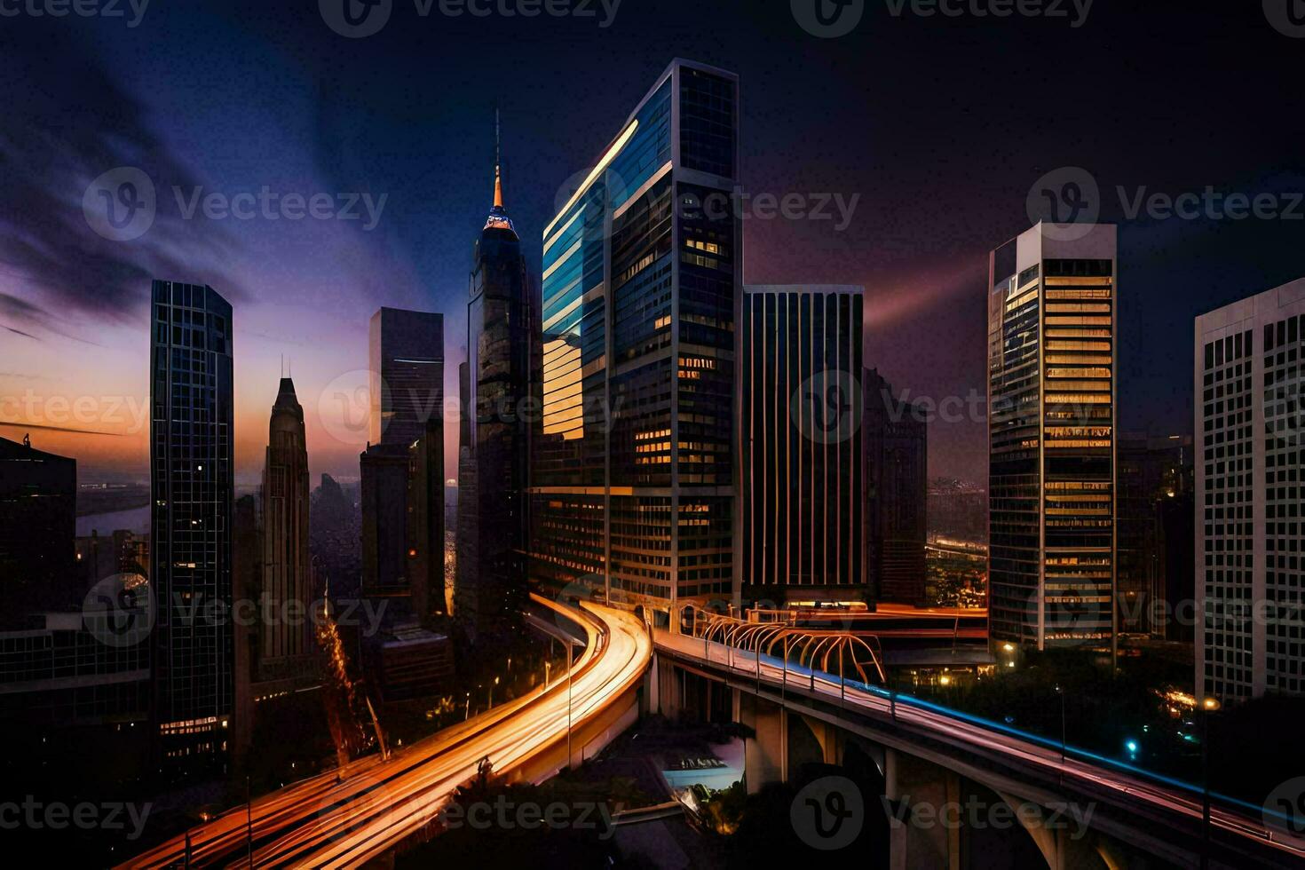 a city at night with a highway and buildings. AI-Generated photo