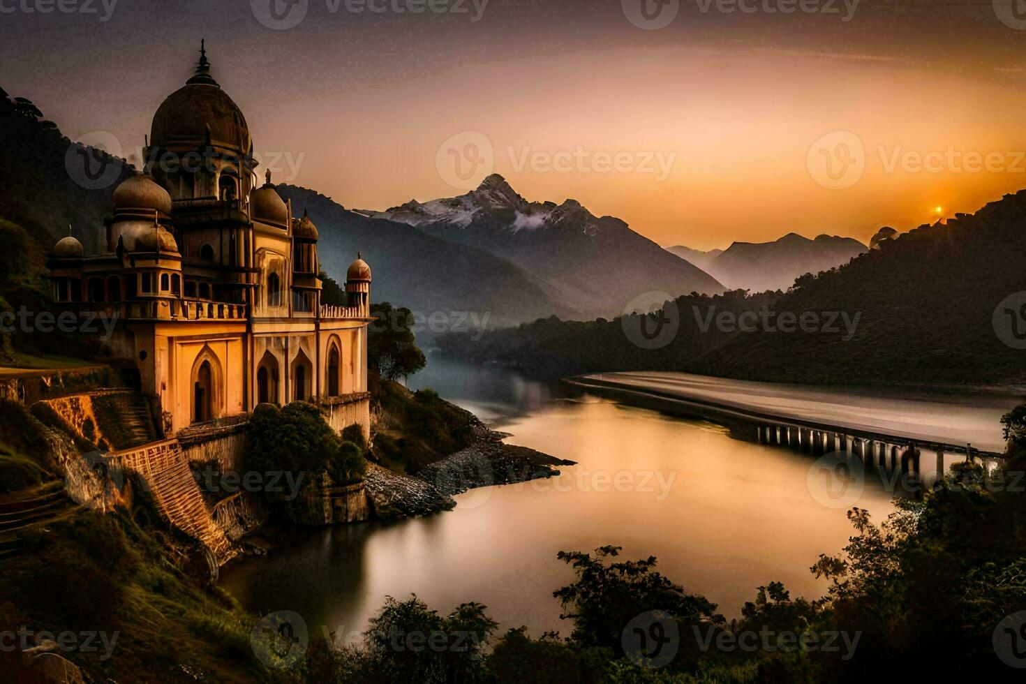 the sun sets over a beautiful building on the banks of a river. AI-Generated photo