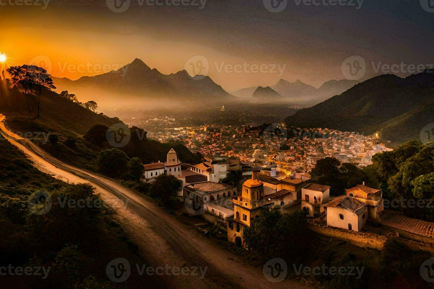 the sun sets over a village in the mountains. AI-Generated photo