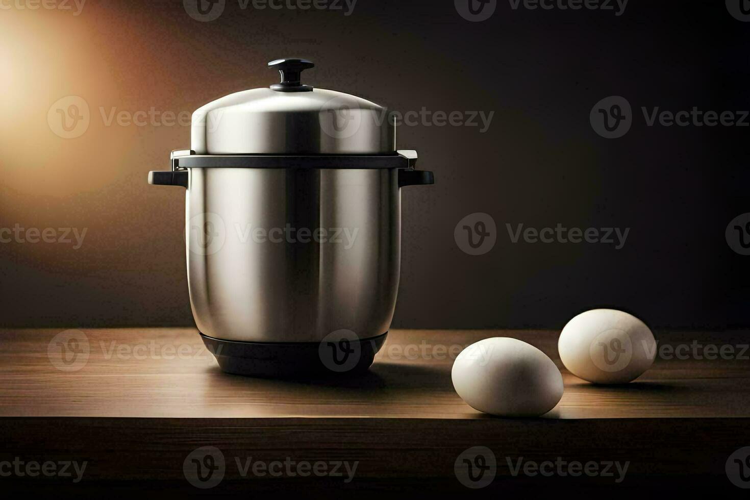 a stainless steel coffee maker and two eggs. AI-Generated photo