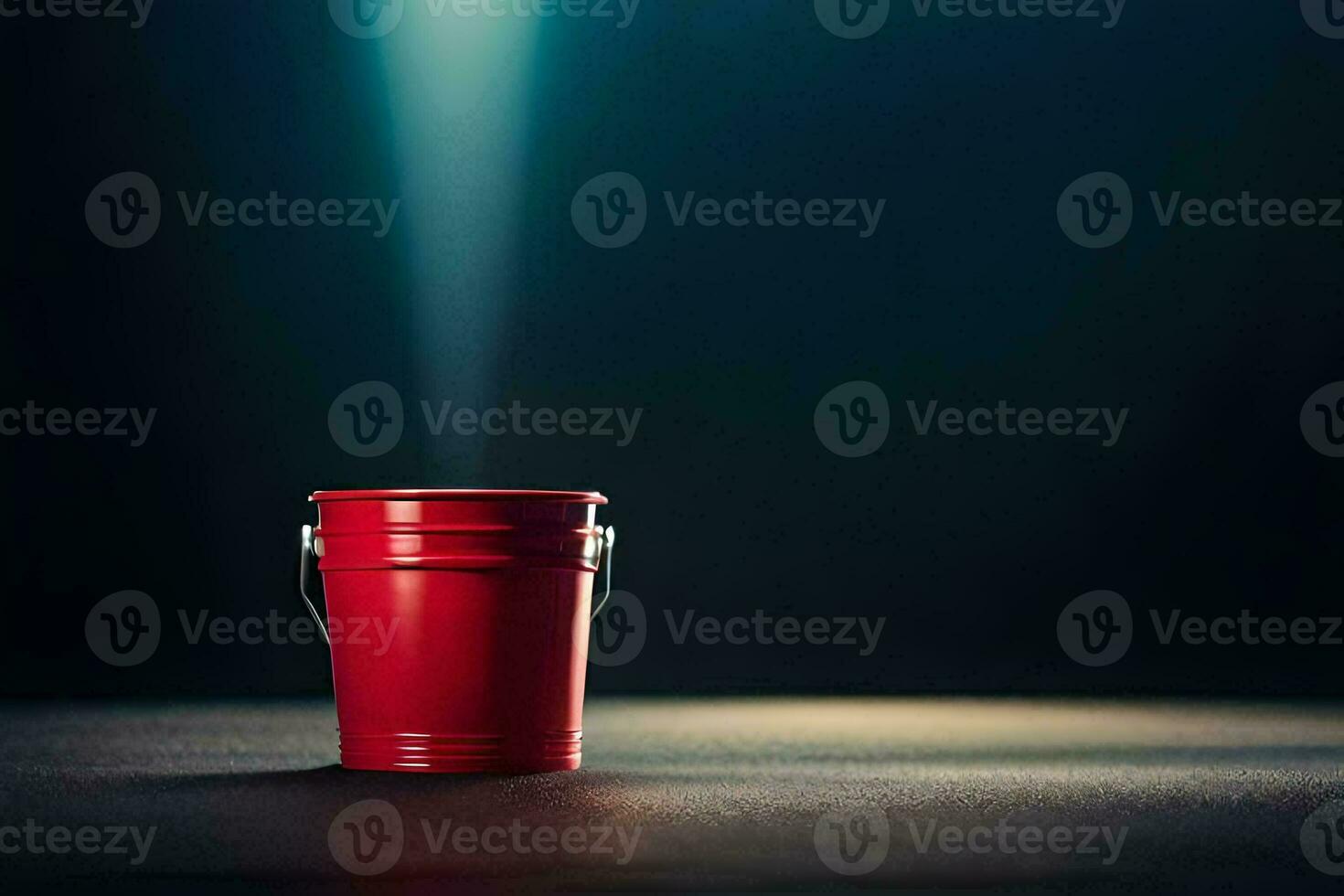 a red bucket on a dark floor with a spotlight. AI-Generated photo