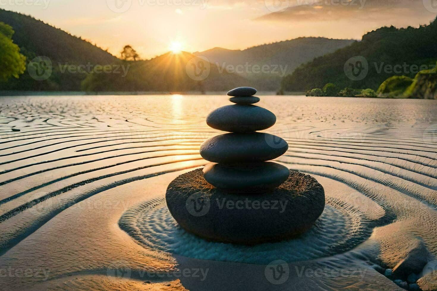 a stack of rocks sits on the sand at sunset. AI-Generated photo